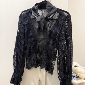 Black Lace Tie-Neck Blouse – Sheer & Romantic
